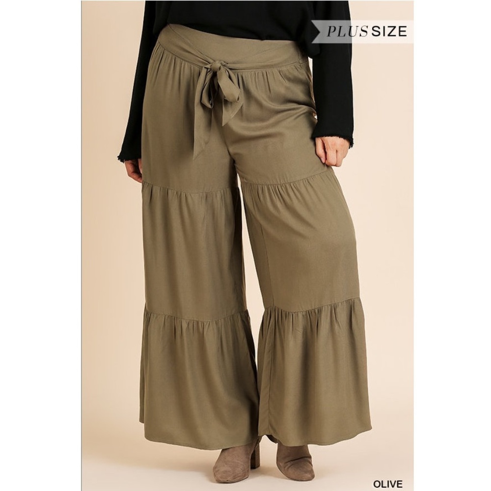 Plus Olive Boho Ruffle Wide Leg Palazzo Pants - Picture 2 of 5